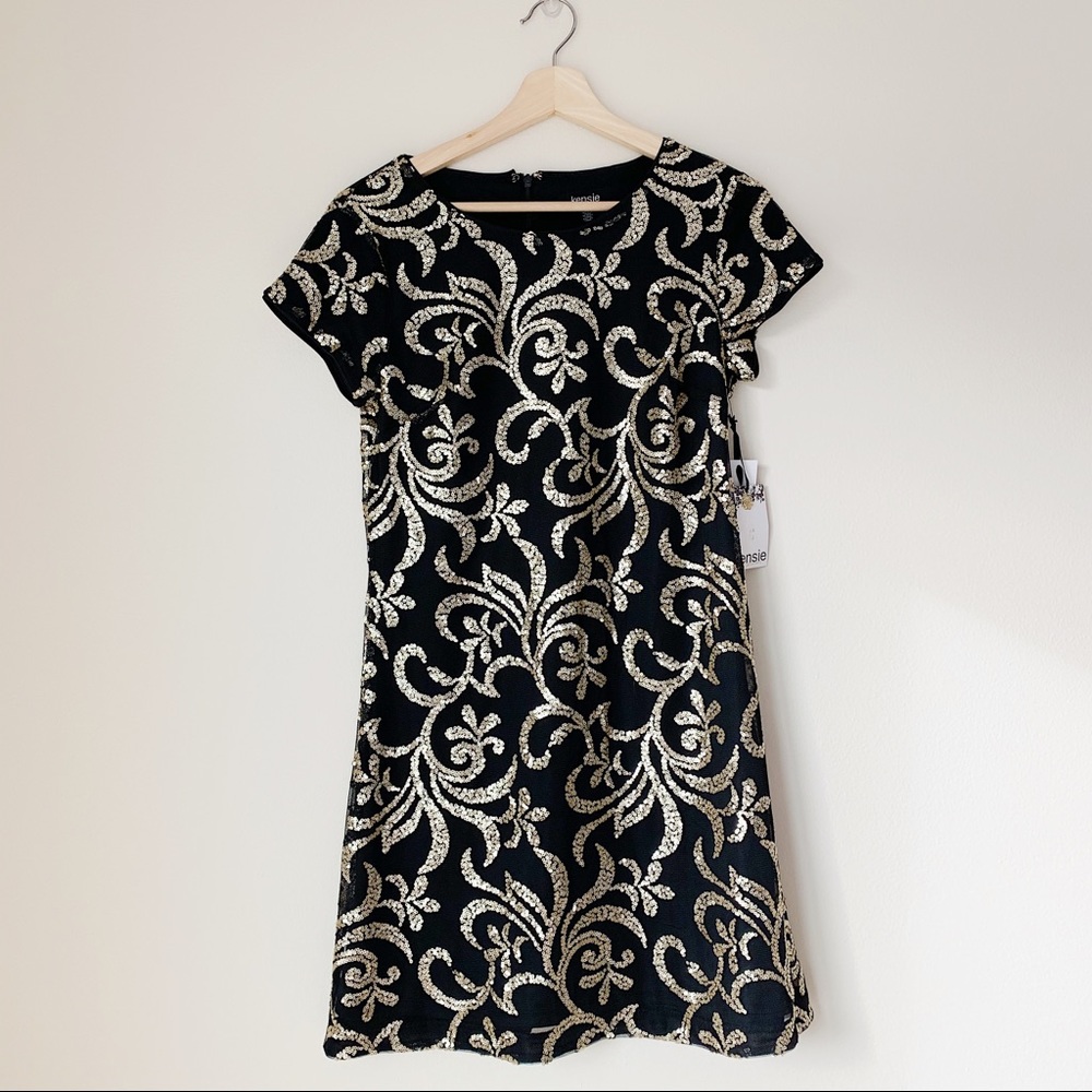Kensie Black Dress with Gold Sequins NWT